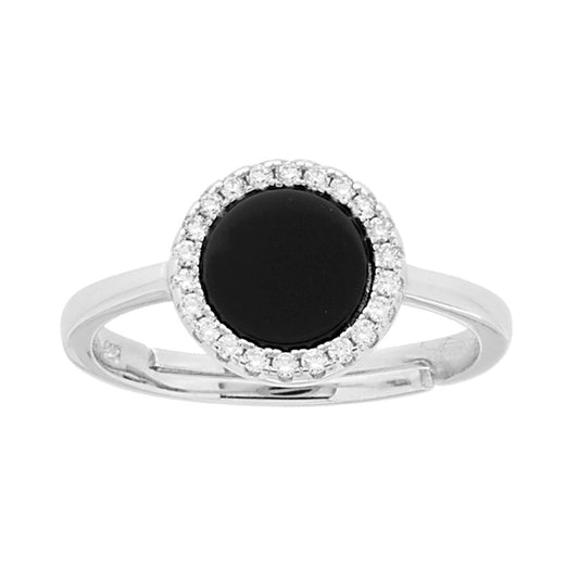 Runder Ring mit schwarzem Onyx, von weißen Zirkonen umrahmt, aus 925er Silber, galvanisch rhodiniert. - MeinSchmuckShop