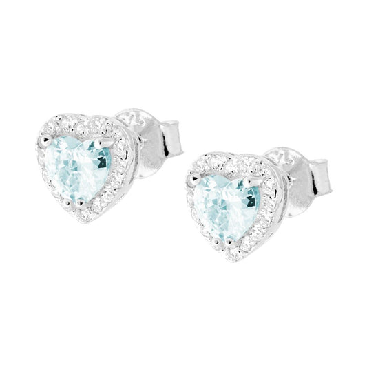 Herzförmige Ohrringe mit Aquamarin-Zirkon, umrahmt von weißen Zirkonen, aus Sterlingsilber 925 rhodiniert - MeinSchmuckShop