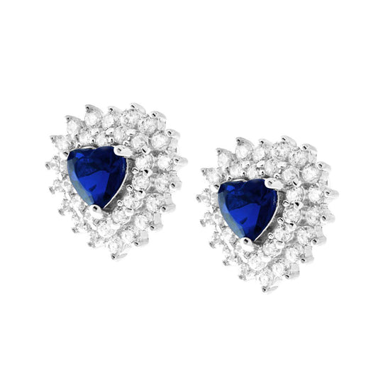 Herzförmige Ohrringe mit blauem Zirkon und Saphir, umrundet von weißen Zirkonen, aus 925er Silber rhodiniert. - MeinSchmuckShop