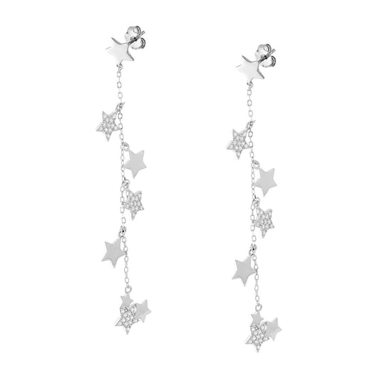 Ohrhänger mit diamantierter feiner Kette, mit einfachen Sternen und Sternen mit weißen Zirkonen, hängend aus 925er Silber, rhodiniert galvanisch. - MeinSchmuckShop