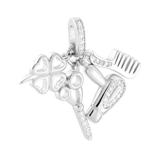 Anhänger Glücksbringer Friseure Scheren Bürste Haartrockner Kleeblatt mit weißen kubischen Zirkonien in 925er Silber, rhodiniert - MeinSchmuckShop