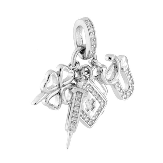 Anhänger Glücksbringer Arzt Stethoskop Spritze Etui Vierblättriges Kleeblatt mit weißen Zirkonen aus 925er Silber rhodiniert - MeinSchmuckShop