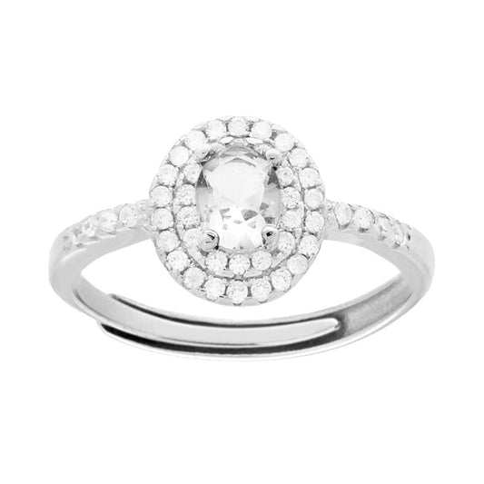 Solitärring mit Halo, ovalem weißen Zirkon, umrahmt von weißen Zirkonen, aus 925er Silber, rhodiniert. - MeinSchmuckShop