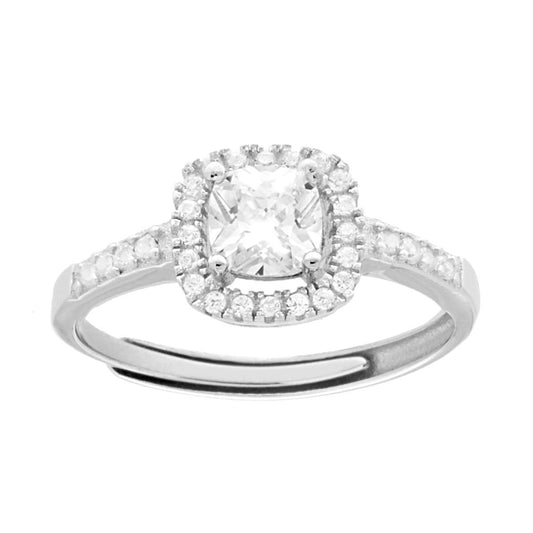 Halo-Solitärring mit quadratischem Cushion-Zirkonia, weiß, umrandet von weißen Zirkonen, aus 925er Silber rhodiniert - MeinSchmuckShop