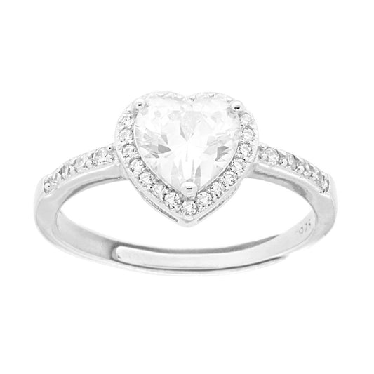 Solitärring mit Halo, weißem Zirkonia-Herz, umrahmt von weißen Zirkonien, Silber 925 rhodiniert - MeinSchmuckShop