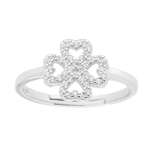 Ring mit vierblättrigem Kleeblatt aus weißen Cubic-Zirkonien in 925er Silber rhodiniert. - MeinSchmuckShop