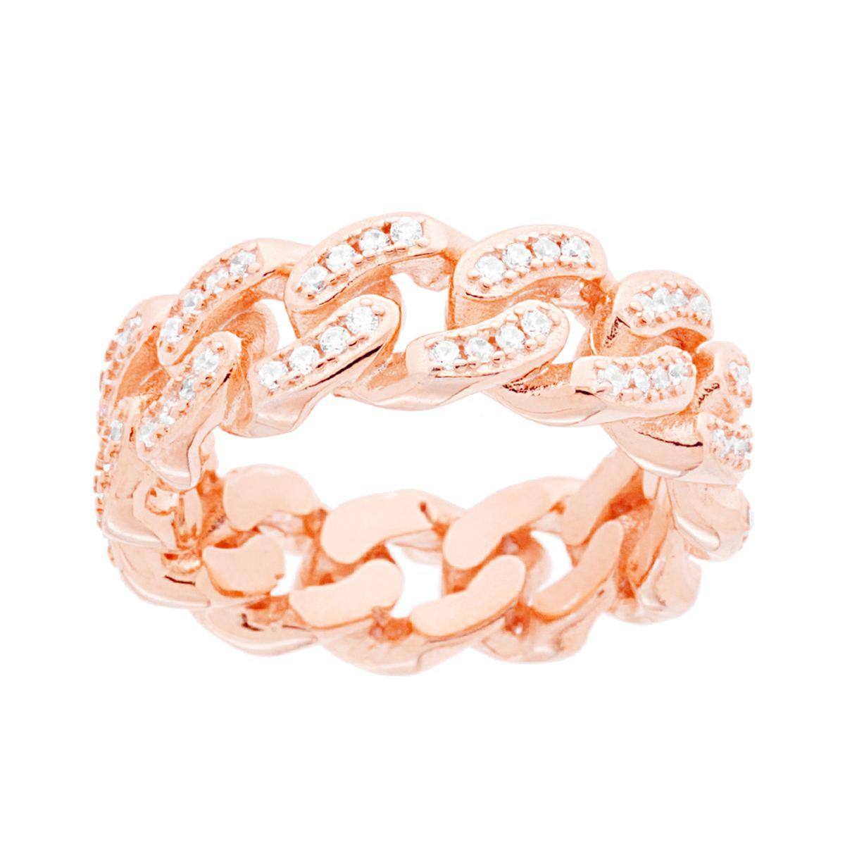 Ring mit Grumetta-Kette und weißen Cubic Zirconia, aus 925er Silber, roségold-plattiert - MeinSchmuckShop