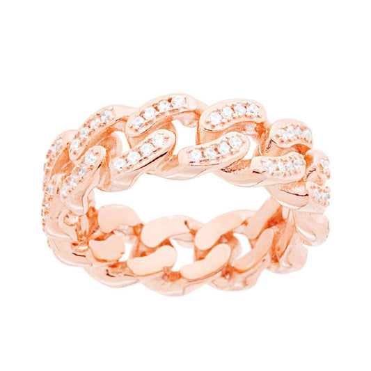 Ring mit Grumetta-Kette und weißen Cubic Zirconia, aus 925er Silber, roségold-plattiert - MeinSchmuckShop