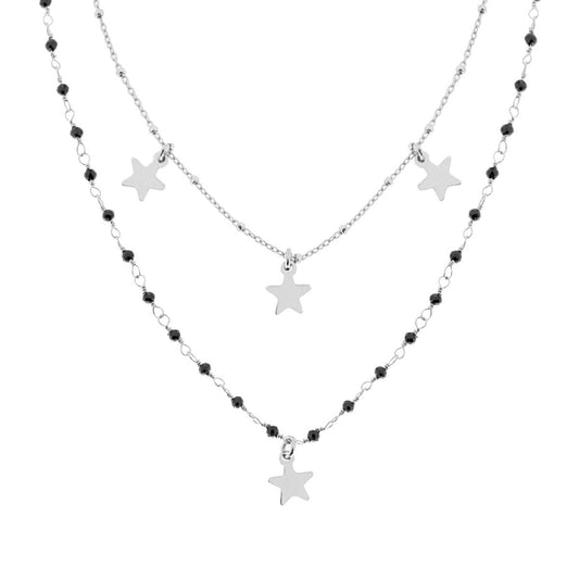Zweifädige Halskette, Forzatina-Kette, diamantierte mit schwarzen Kristallen und Sternen, schlichte Anhänger aus Silber 925, galvanisch Rhodium-beschichtet - MeinSchmuckShop