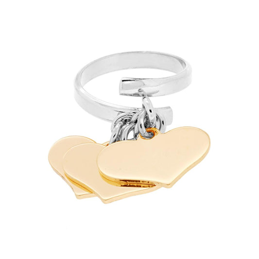 Ring „Amore“ Love mit drei Herzen, goldene Anhänger glatt, 18 mm, aus Silber 925, rhodiniert galvanisch - MeinSchmuckShop