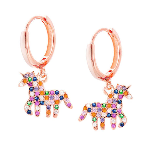 Ohrringe Ø13 mm mit Einhorn-Anhänger und Rainbow-Multicolor-Zirkonia, Silber 925 roségalvanisiert. - MeinSchmuckShop
