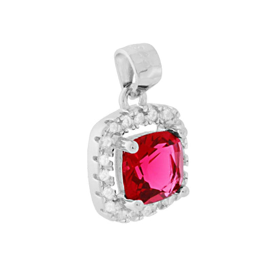 Anhänger mit rubinrotem Cushion-Zirkonia, umgeben von weißen Zirkonien, aus 925er Silber, rhodiniert - MeinSchmuckShop