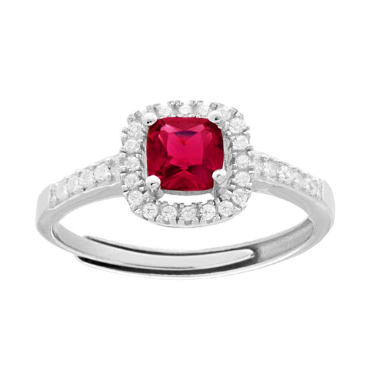 Solitärring im Halo-Stil mit quadratischem Cushion-Zirkonia, rubinrot, umrandet von weißen Zirkonien, aus 925er Silber rhodiniert - MeinSchmuckShop