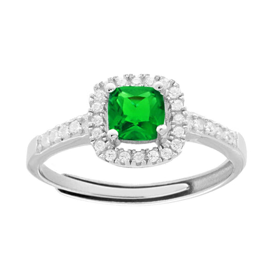 Solitärring Halo mit quadratischem Cushion-Zirconia in Smaragdgrün, umrundet von weißen Zirkonen, aus 925er Silber, rhodiniert. - MeinSchmuckShop