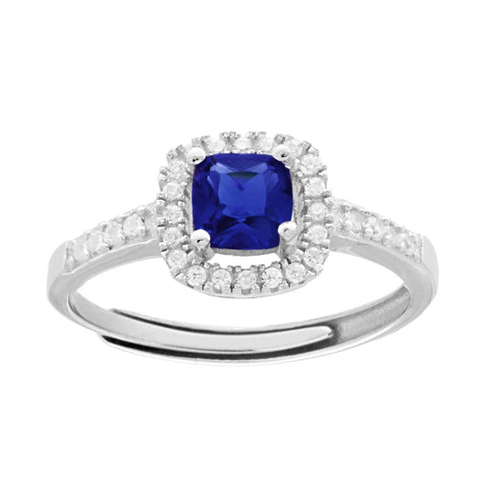 Solitärer Halo-Ring mit quadratischem Cushion-Zirkon in Blau-Saphir, umgeben von weißen Zirkonen, aus 925er Silber, rhodiniert. - MeinSchmuckShop