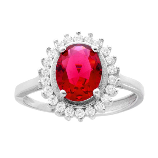 Halo-Solitärring mit ovalem rubinroten Zirkon, umgeben von weißen Zirkonen, aus 925er Sterlingsilber, rhodiniert. - MeinSchmuckShop