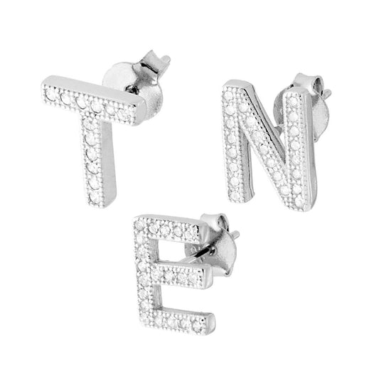 Ohrstecker Buchstabe für Initiale mit weißen Zirkonien in 925er Silber rhodiniert - MeinSchmuckShop