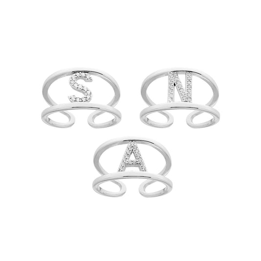 Ring mit doppeltem Schaft, Initialbuchstabe, mit weißen Zirkonen, aus 925er Silber, rhodiniert - MeinSchmuckShop