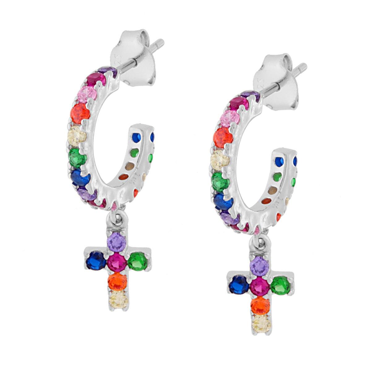 Ohrhänger Kreisform 15 mm mit Kreuz-Anhänger und Rainbow-Zirkonia Mehrfarbig in Silber 925 Galvanik Rhodium - MeinSchmuckShop