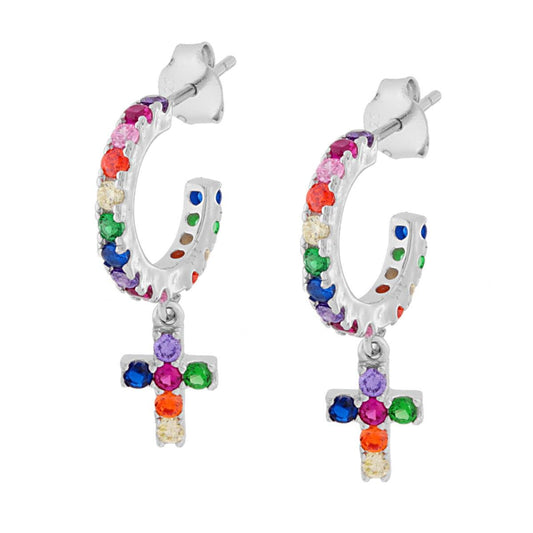 Ohrhänger Kreisform 15 mm mit Kreuz-Anhänger und Rainbow-Zirkonia Mehrfarbig in Silber 925 Galvanik Rhodium - MeinSchmuckShop