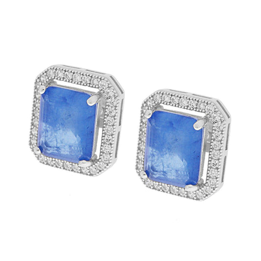 Ohrringe, rechteckige blaue Tanzanite, umrahmt von weißen Zirkonen, aus 925er Silber rhodiniert - MeinSchmuckShop