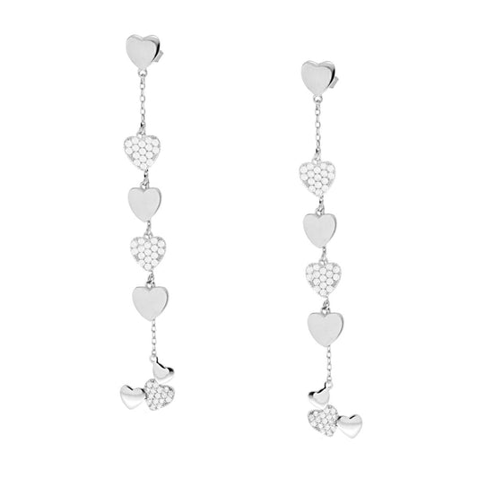 Ohrringe Diamantierte Forzatina-Kette mit schlichten Herzen und Herzen mit weißen Zirkonien, hängend aus 925er Silber rhodiniert - MeinSchmuckShop
