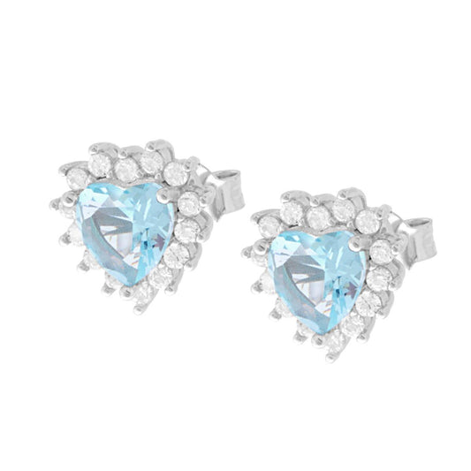 Ohrringe herzförmig, Aquamarin-Zircon, umrahmt von weißen Zirkonen, Silber 925 rhodiniert - MeinSchmuckShop