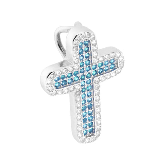 Anhänger Lateinisches Kreuz mit Zirkonien, Aquamarin und weißen Zirkonien aus 925er Silber, rhodiniert - MeinSchmuckShop