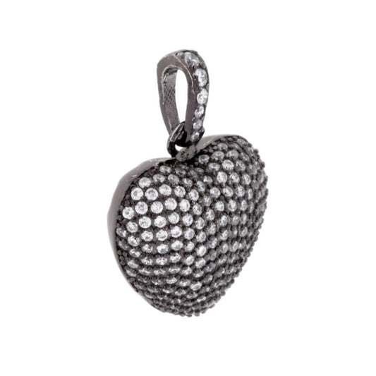 Aufgewölbter Herz-Anhänger mit weißen Zirkonia-Pavé-Steinen und durchbrochenen Herzen aus Silber 925, ruthenium galvanisch beschichtet. - MeinSchmuckShop