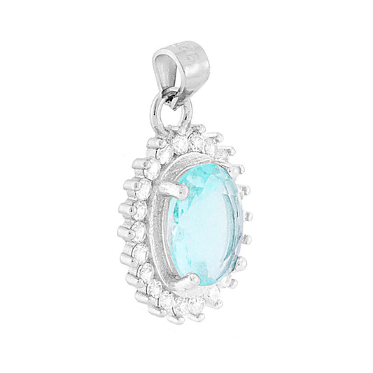 Ovaler Anhänger mit Aquamarin-Zirkonen, umgeben von weißen Zirkonen, aus 925er Silber, rhodiniert. - MeinSchmuckShop