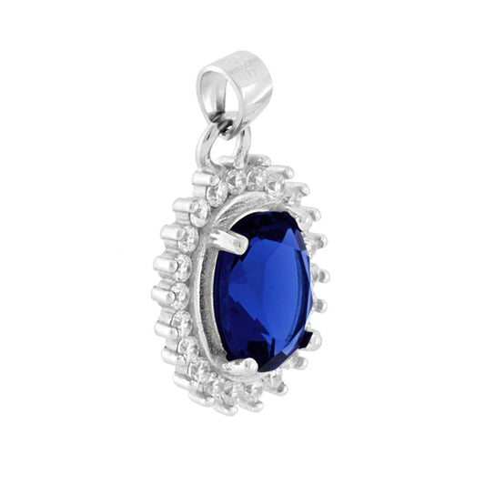 Ovaler Anhänger mit blauem Zirkon-Saphir, umgeben von weißen Zirkonen, aus 925er Silber rhodiniert. - MeinSchmuckShop
