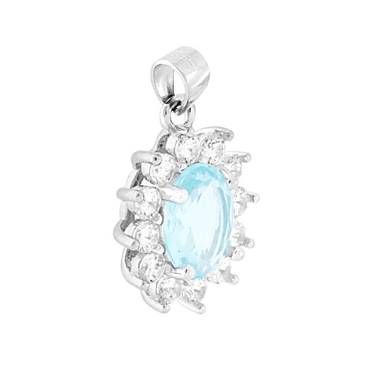Ovaler Anhänger mit Aquamarin-Zirkon, umrahmt von weißen Zirkonen, in 925er Silber galvanisch rhodiniert - MeinSchmuckShop