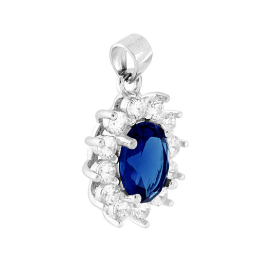 Ovaler Anhänger mit blauem Zirkon und Saphir, umgeben von weißen Zirkonen, aus 925er Silber rhodiniert - MeinSchmuckShop