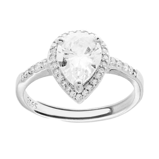 Solitärring Halo mit weißem Tropfen-Zirkonia, umgeben von weißen Zirkonen, 925er Silber, rhodiniert - MeinSchmuckShop