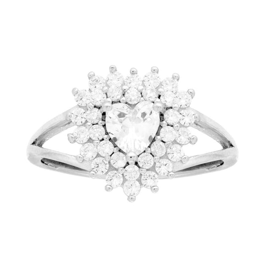 Solitärring Herz mit weißem Zirkon, umgeben von weißen Zirkonen, rhodiniert in 925er Silber - MeinSchmuckShop