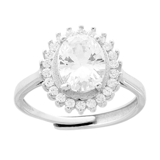 Solitärring mit ovalem weißen Zirkon, umrahmt von weißen Zirkonen, aus 925er Silber rhodiniert - MeinSchmuckShop