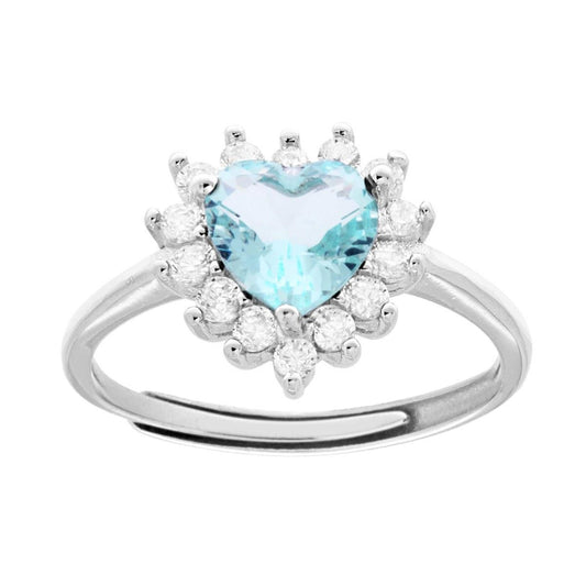Solitärring Herz aus Cubic Zirconia und Aquamarin, umgeben von weißen Cubic Zirconia, in 925er Silber rhodiniert. - MeinSchmuckShop