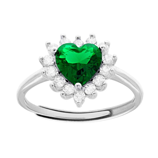 Herzförmiger Solitärring mit smaragdgrünen Cubic Zirconia, umrahmt von weißen Cubic Zirconia, aus 925er Silber, rhodiniert galvanisch - MeinSchmuckShop