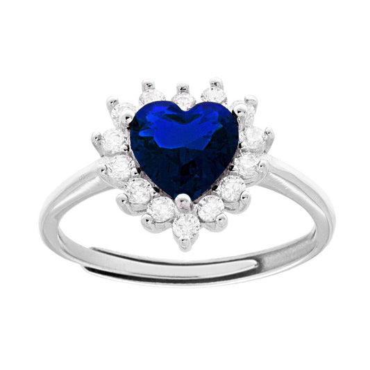 Solitärring Herz mit blauem Cubic-Zirkon-Saphir, umrahmt von weißen Cubic-Zirkonien, aus 925er Silber rhodium-plattiert - MeinSchmuckShop