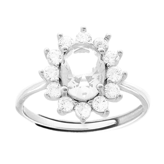 Halo-Solitär-Ring mit ovalem weißem Zirkon, umgeben von weißen Zirkonen, aus 925er Silber rhodiniert - MeinSchmuckShop