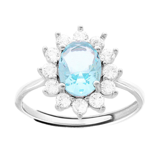 Halo-Solitärring mit ovalem Aquamarin, umrahmt von weißen Zirkonien, aus 925er Sterlingsilber rhodiniert. - MeinSchmuckShop