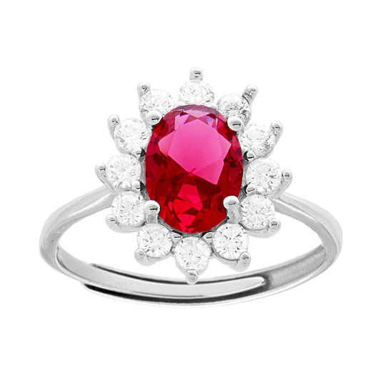 Solitärring mit Halo, ovaler rubinroter Zirkon, von weißen Zirkonen umgeben, aus 925er Silber, rhodiniert - MeinSchmuckShop
