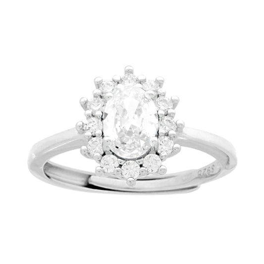 Ovaler Solitärring mit weißem Zirkon, umgeben von weißen Zirkonen, aus 925er Silber rhodium-beschichtet. - MeinSchmuckShop