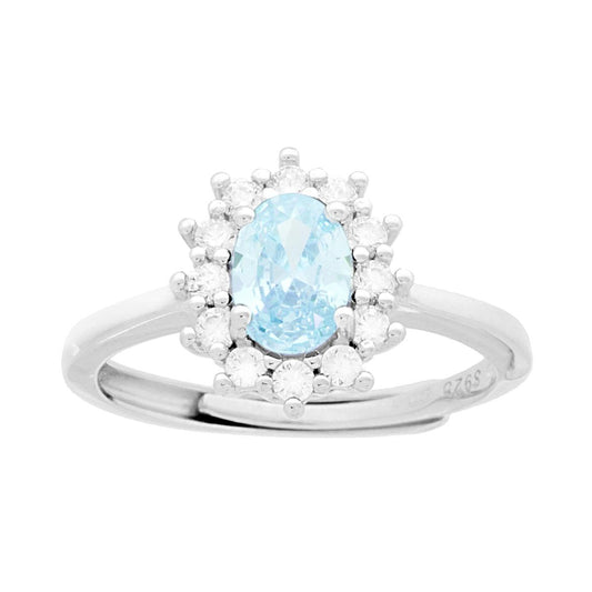 Ovaler Halo-Solitärring mit Aquamarin-Zirconia, umgeben von weißen Zirkonen, aus 925er Silber rhodiniert. - MeinSchmuckShop