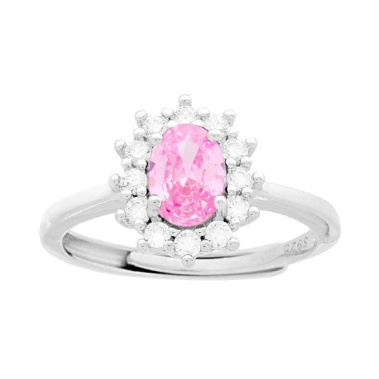 Ovaler Halo-Solitärring mit rosa Zirkon, umgeben von weißen Zirkonen, aus 925er Silber, galvanisch rhodiniert - MeinSchmuckShop