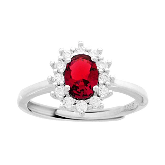 Ovaler Halo-Solitärring mit rubinrotem Zirkon, umgeben von weißen Zirkonen, aus 925er Silber rhodiniert - MeinSchmuckShop