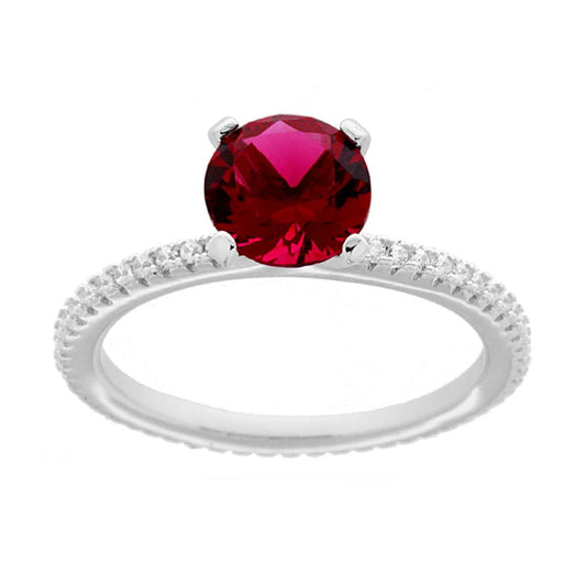 Solitaire-Ring mit rubinrotem Cubic Zirconia und weißen Zirkonen aus 925er Silber, rhodiniert. - MeinSchmuckShop