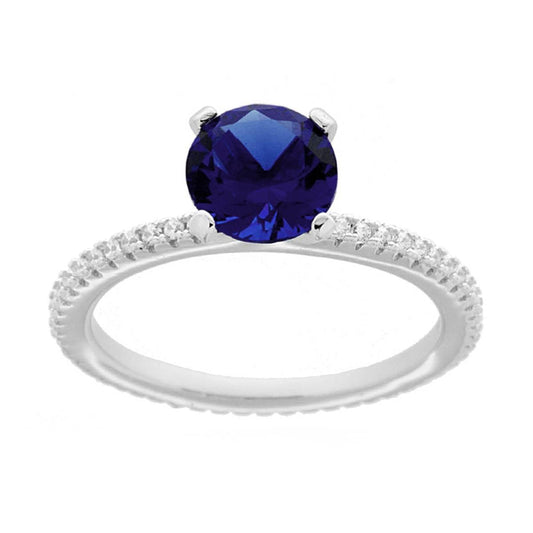 Solitärring mit blauem Cubic Zirconia Zafiro und weißen Zirkonen aus 925er Silber, rhodiniert. - MeinSchmuckShop