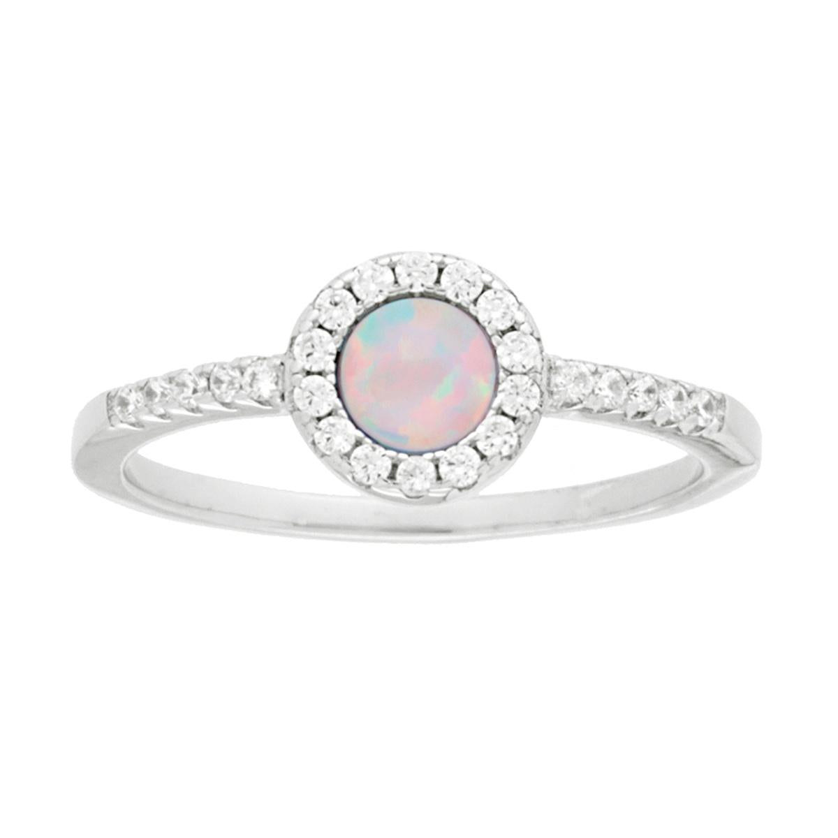 Solitärring rund, weißer Opal, umgeben von weißen Zirkonen, Silber 925, galvanisch rhodiniert - MeinSchmuckShop