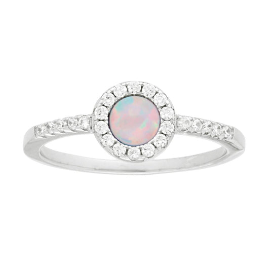 Solitärring rund, weißer Opal, umgeben von weißen Zirkonen, Silber 925, galvanisch rhodiniert - MeinSchmuckShop